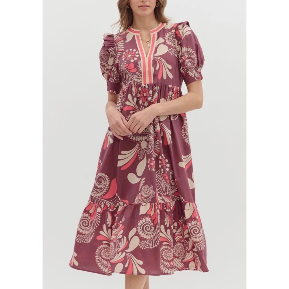 Entro Plum Paisley Midi Dress Pockets Floral Ruffle Boho Summer Midi Dress